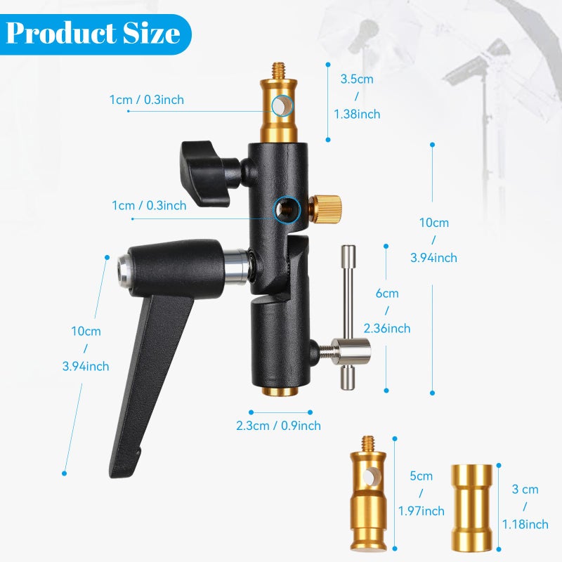 Konseen Camera Flash Shoe Bracket H Type Mounts with Multi Functional Umbrella Reflector Insert Hole Holder,180Â° Adjustable Light Stand Mount Adapter with 1/4" & 3/8" Female Screw for Photography Studio - Image 2